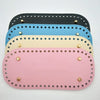 A set of five colored PU leather bag bases with pre-drilled holes for DIY knitting and crochet projects.