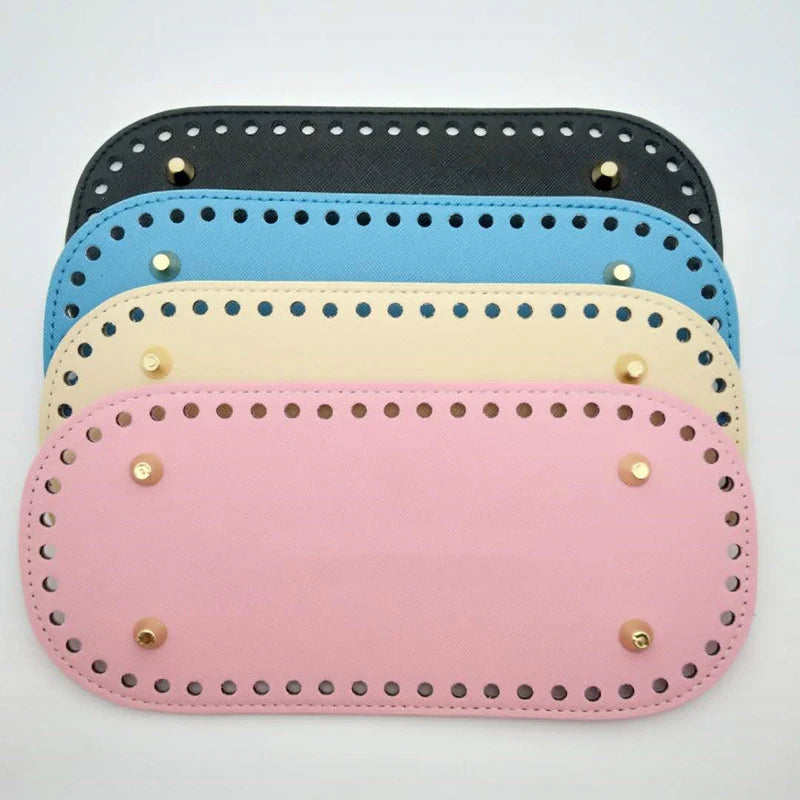 A set of five colored PU leather bag bases with pre-drilled holes for DIY knitting and crochet projects.
