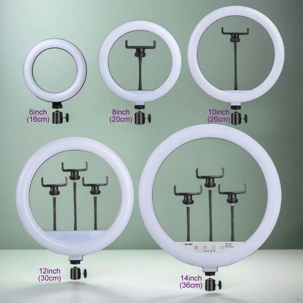A set of adjustable ring lights with various diameters and tripods for streaming and video calls.