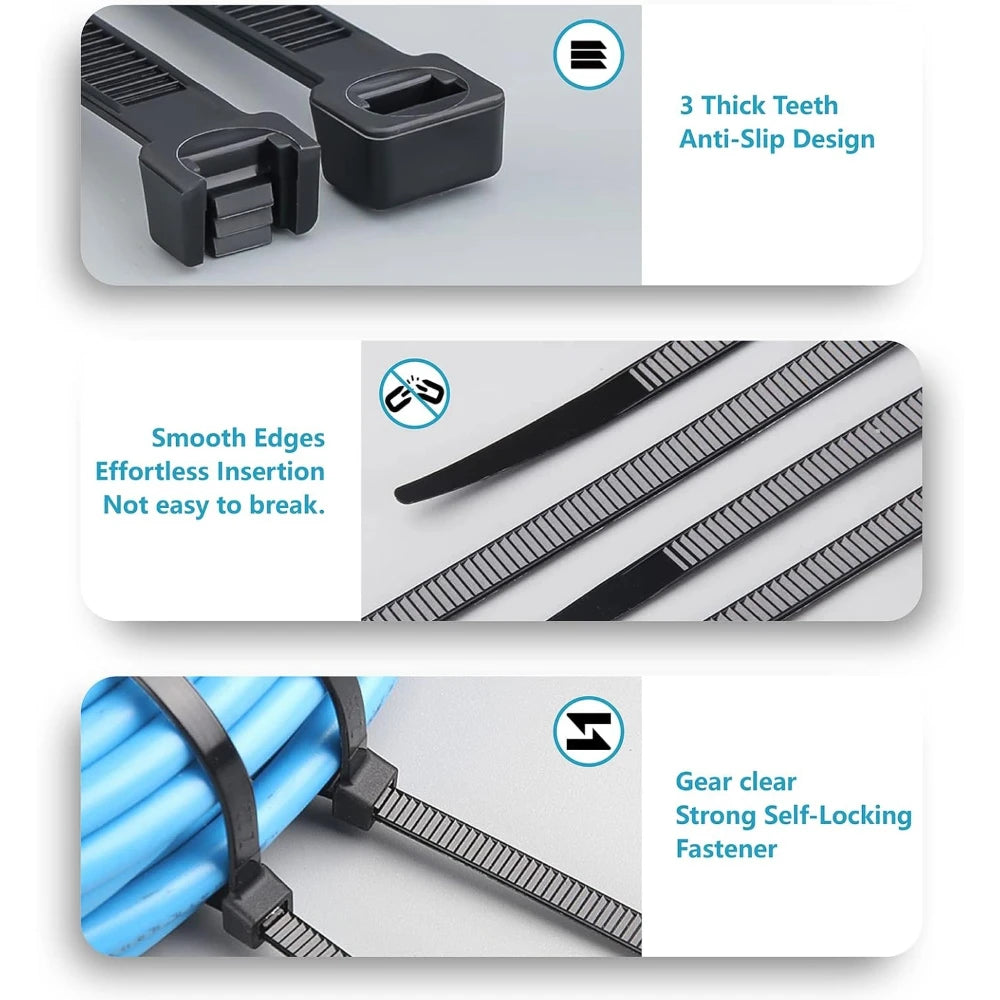 Assorted black nylon cable ties with anti-slip teeth and smooth edges for securing cables.
