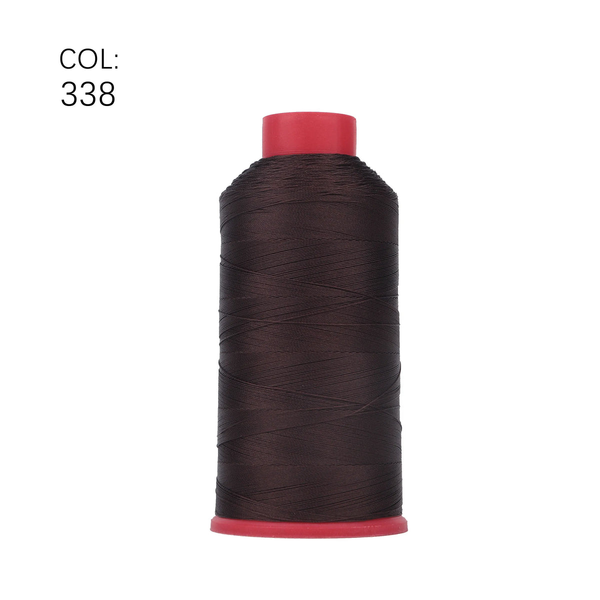 A spool of dark brown heavy-duty nylon bonded thread with a red cap.
