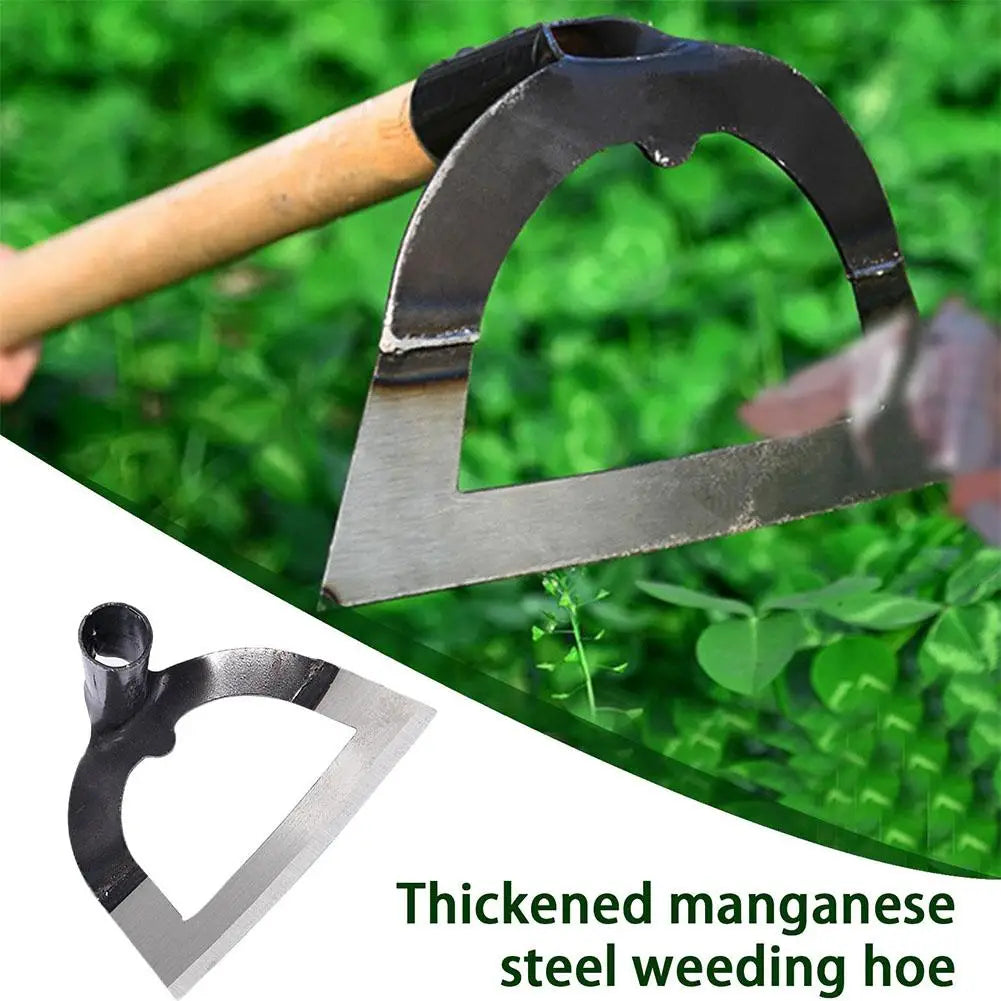 A close-up view of a thickened manganese steel weeding hoe with a curved blade, shown against a green outdoor background.