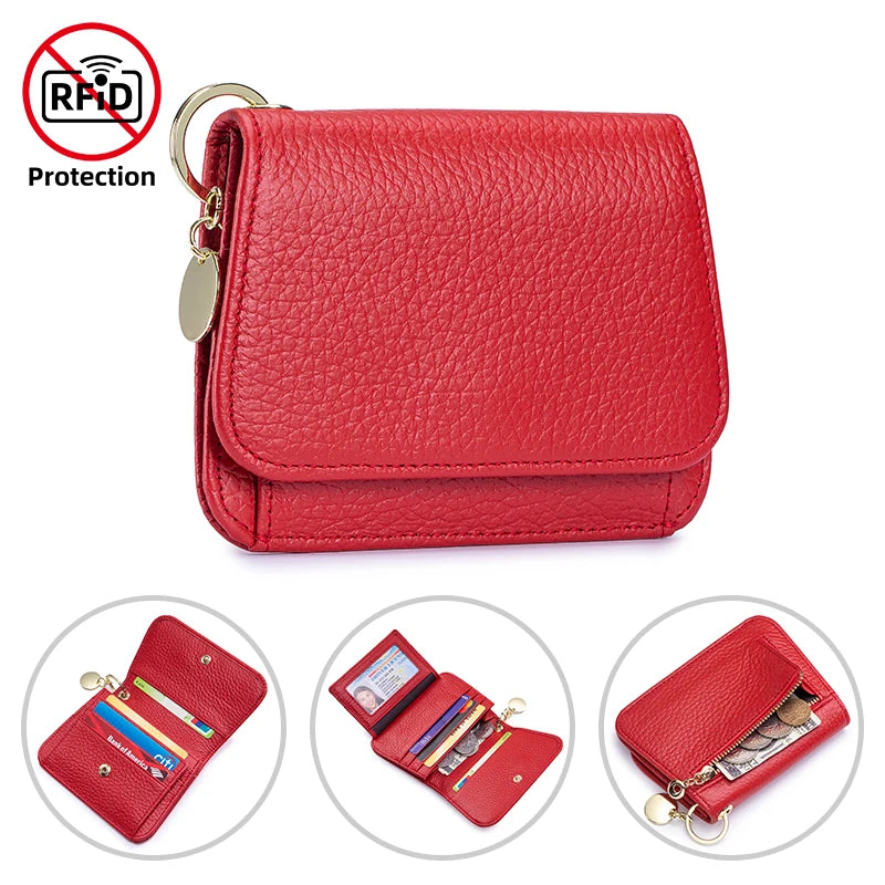 Genuine Leather Tri-Fold Wallet with Coin Pocket & Keychain