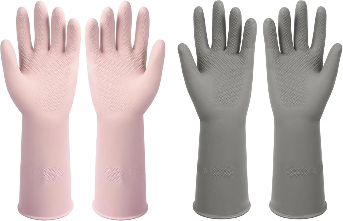 Two pairs of pink and gray reusable non-slip rubber dishwashing gloves shown from the palm view