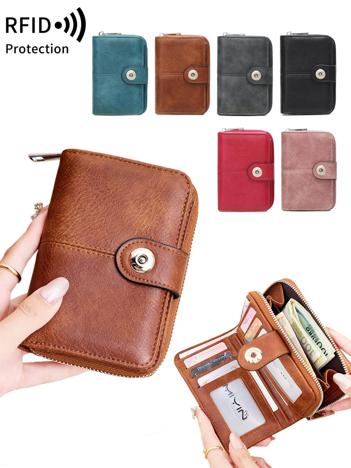 Various colors of vintage RFID blocking short wallets and card holders shown with a leather wallet.