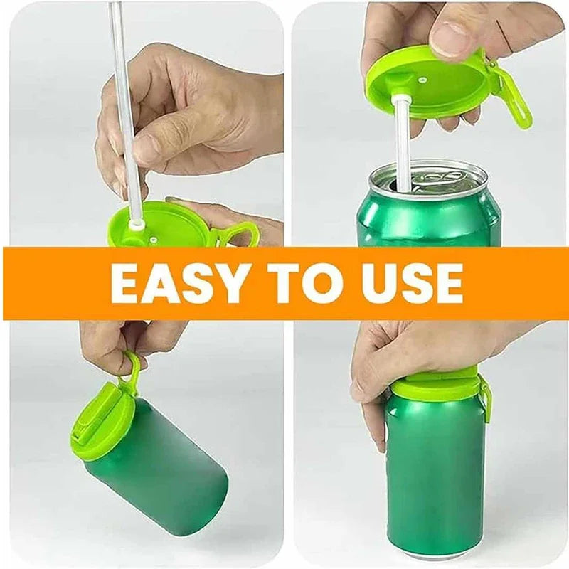 Hands demonstrate the easy use of a reusable silicone can lid with a straw for beverages.