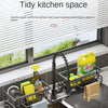 A multi-function storage rack made of stainless steel is shown organizing kitchen items near a sink.