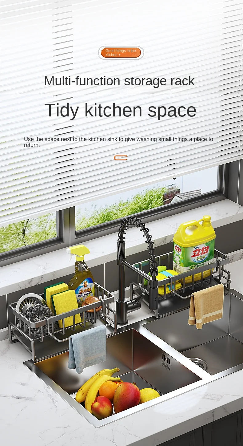 A multi-function storage rack made of stainless steel is shown organizing kitchen items near a sink.