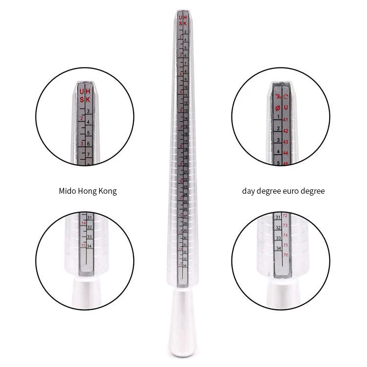 A metal ring sizing gauge with multi-size cones shown in various views and measurements.