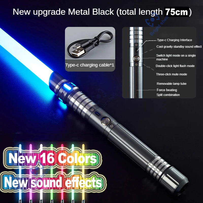 A black metal lightsaber with a blue blade and various modes including charging, light, and sound effects.