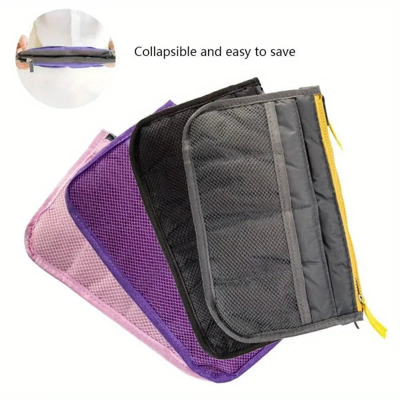 A foldable oxford cloth makeup organizer bag shown in various colors including purple, pink, and black.