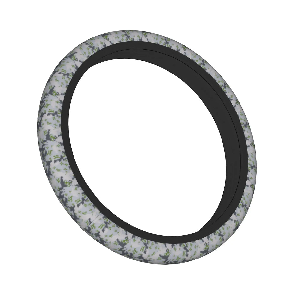 A black steering wheel cover with a camouflage pattern of green and white leaves.