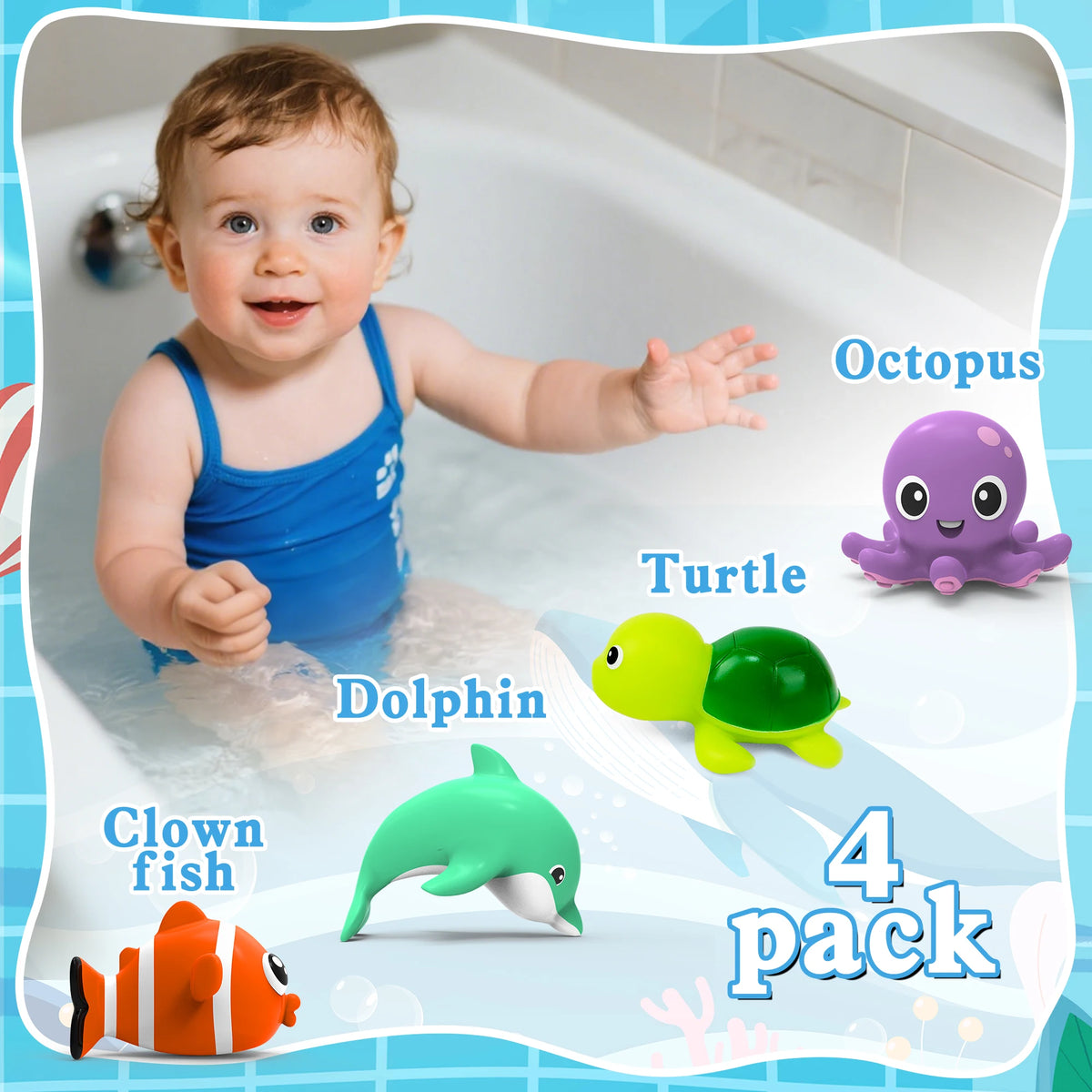 A baby is playing with a set of four sea animal bath toys including an octopus, turtle, dolphin, and clownfish.