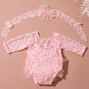 Pink lace newborn princess romper dress with a matching sheer headband