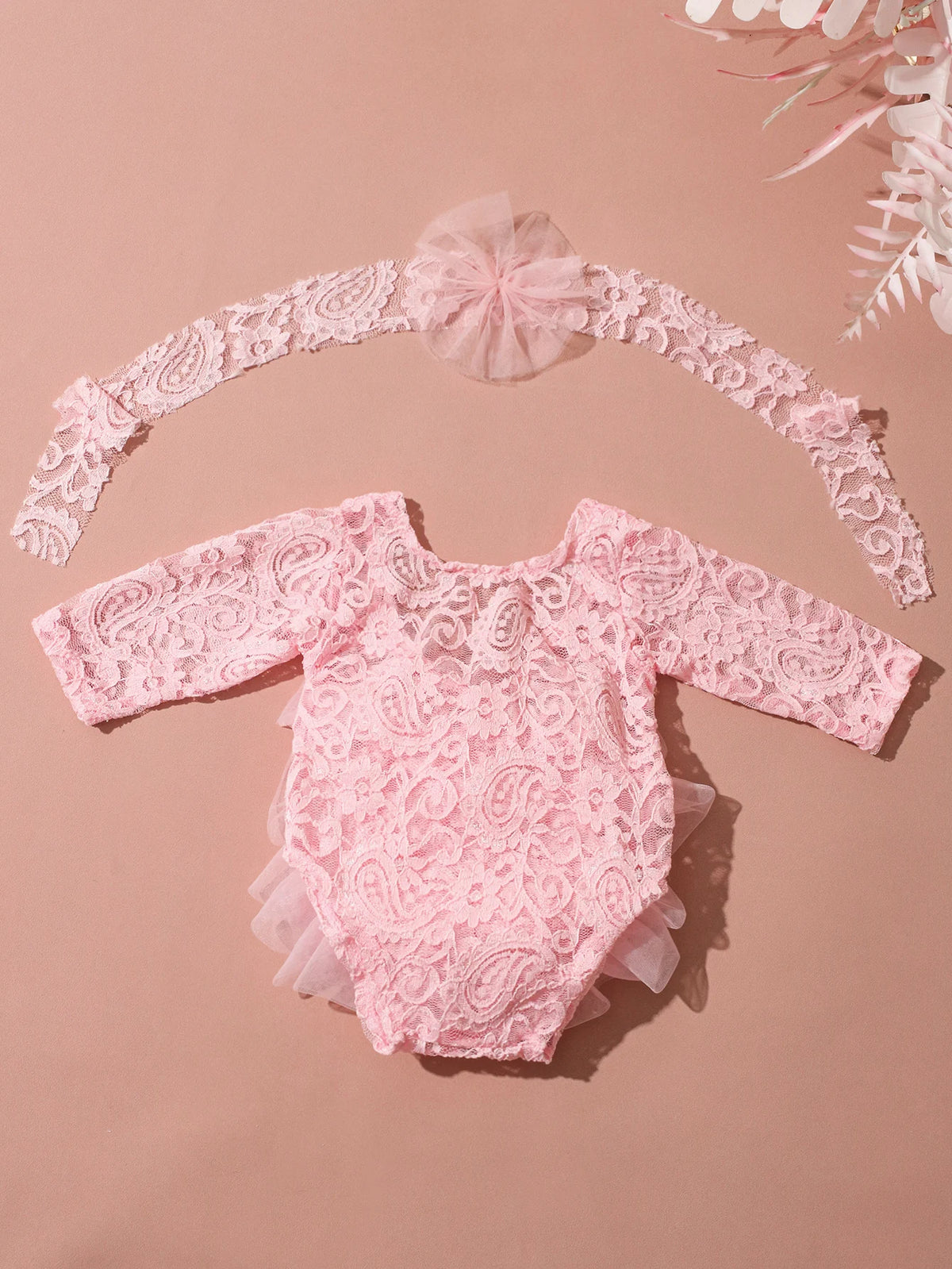 Pink lace newborn princess romper dress with a matching sheer headband
