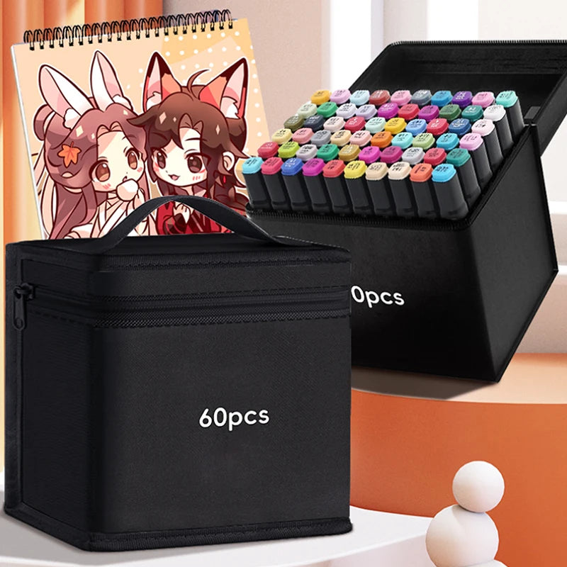 A black canvas pencil bag is shown next to an open black box filled with numerous colored markers and pens.