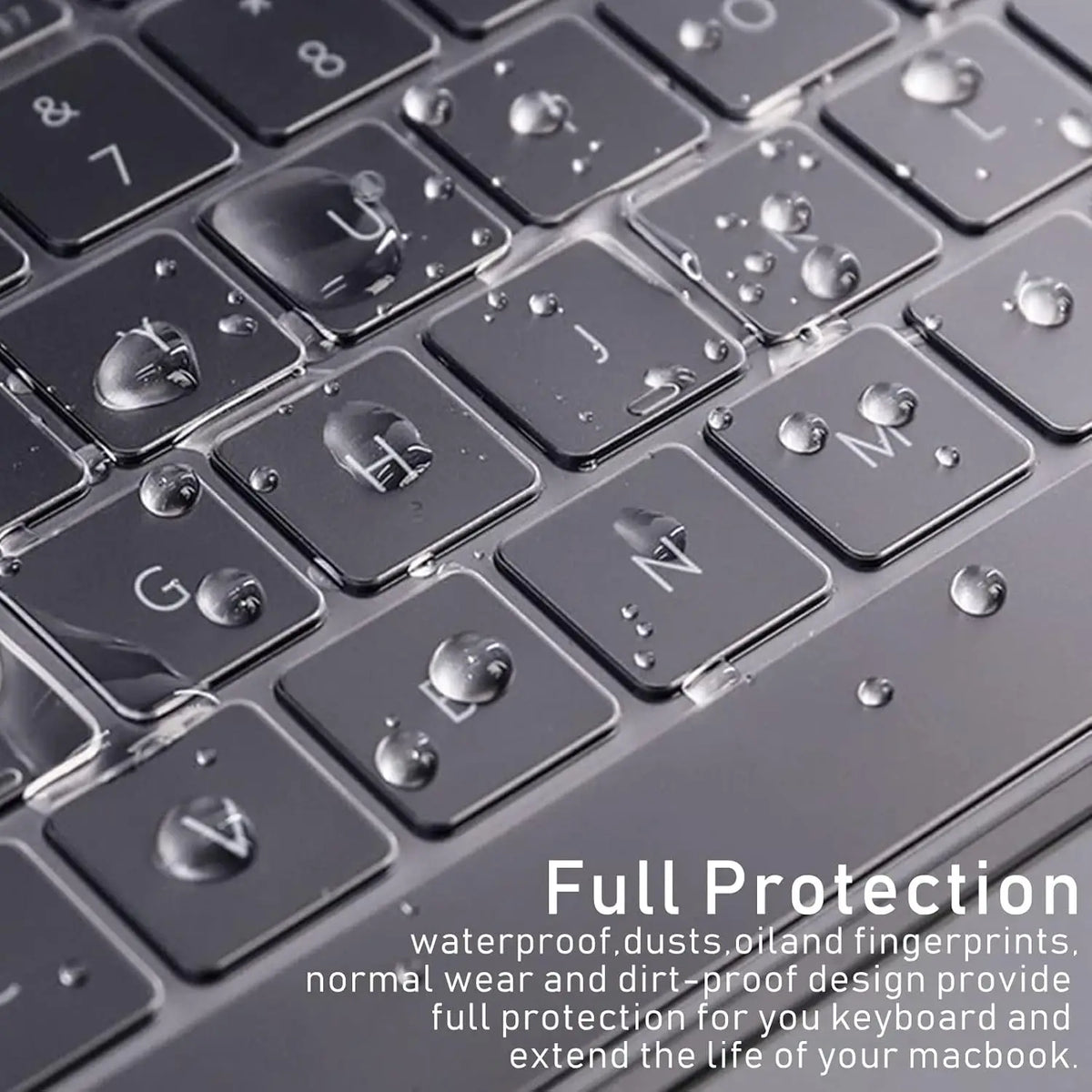 A close-up of a laptop keyboard covered in water droplets, demonstrating full protection for the device.
