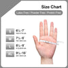 Size chart showing hand measurements for S, M, L, and XL sizes of latex-free disposable gloves.