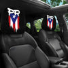 Two black car headrest covers featuring a patriotic design with the letters PR