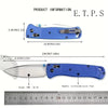 A blue CPM-20CV folding pocket knife with a drop point blade shown next to a ruler.