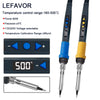 A black soldering iron with a digital display and adjustable temperature controls is shown next to its tip.