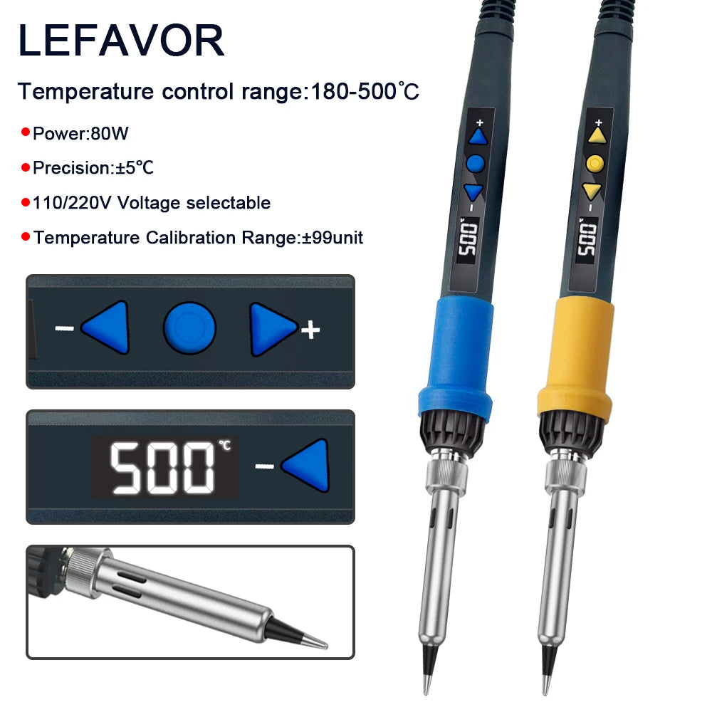 A black soldering iron with a digital display and adjustable temperature controls is shown next to its tip.