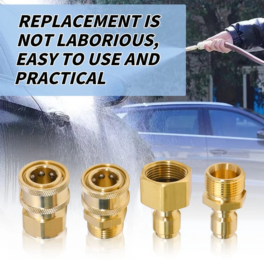 Set of brass quick-connect adapters for pressure washers, used for connecting M22-15mm to 3/8" fittings.