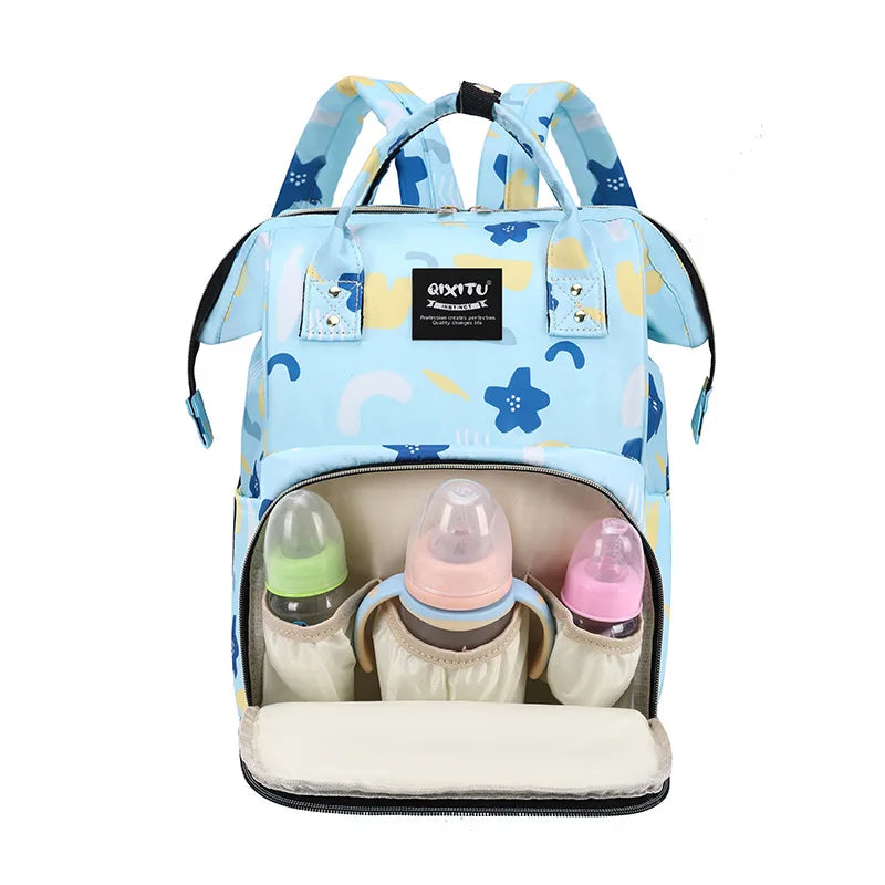 Light blue and yellow patterned waterproof diaper bag backpack with stroller straps and storage pockets