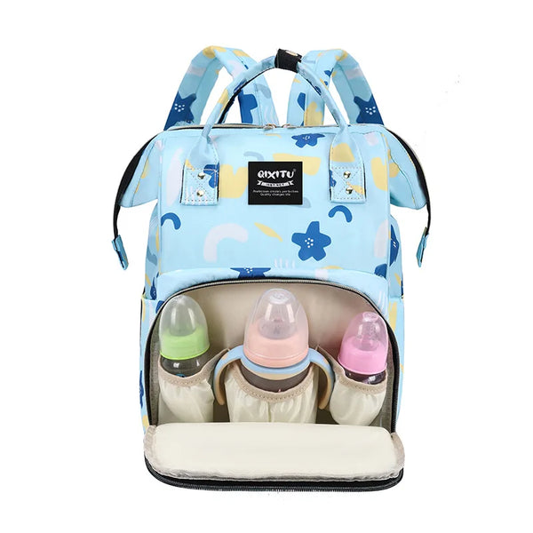 Light blue and yellow patterned waterproof diaper bag backpack with stroller straps and storage pockets