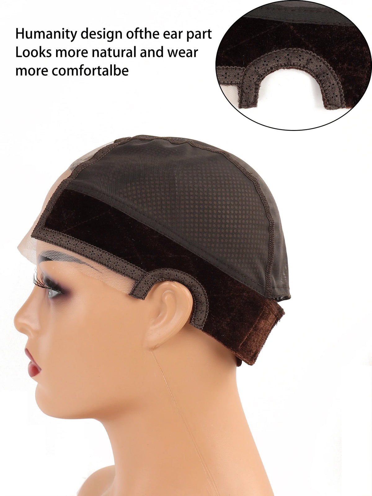 Dunkelbraune Samtperücke-Grip-Stirnband-Kappe auf einer Mannequin-Kopf, die natürliche Gestaltung hervorhebt.
