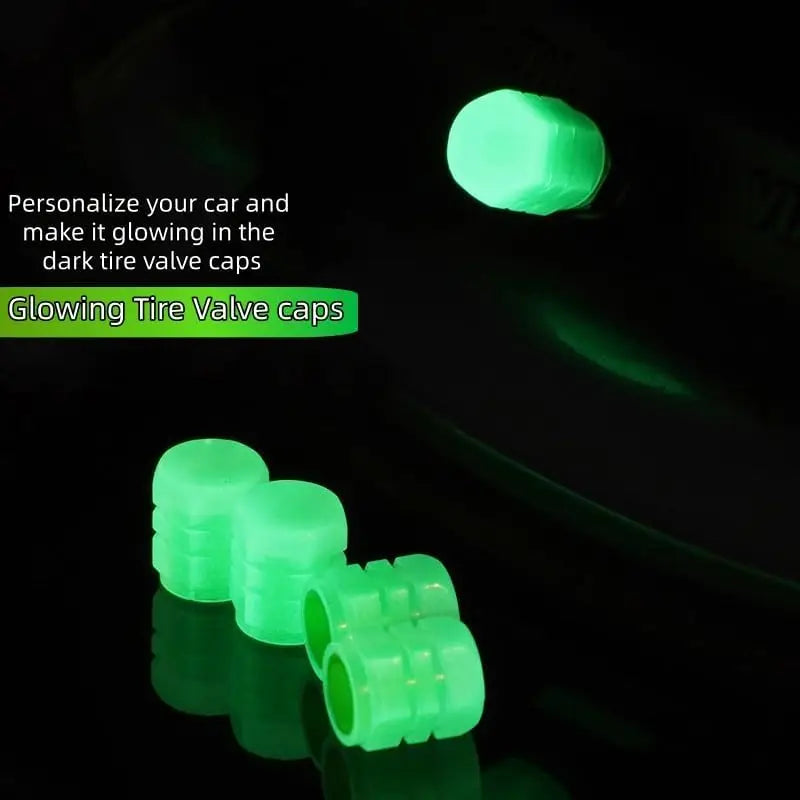 A set of ten glowing green tire valve caps illuminating in the dark.
