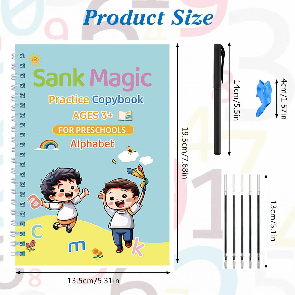 A practice copybook set for preschoolers featuring a book and a groove pen.