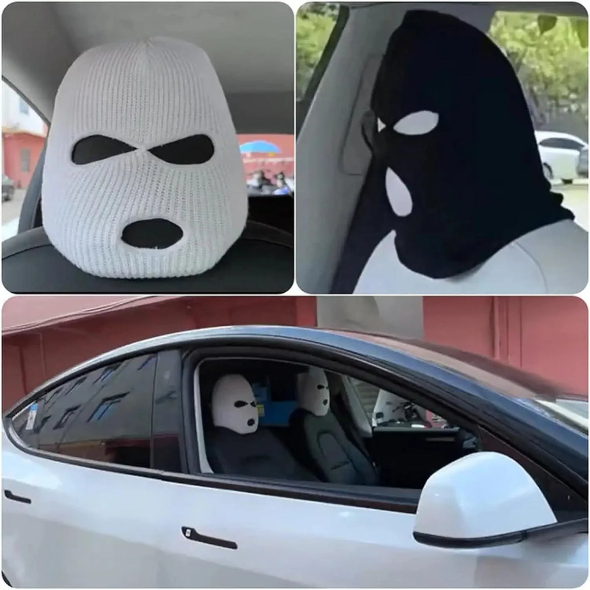 A white ski mask car headrest cover is shown in close-up views and installed in a vehicle interior.