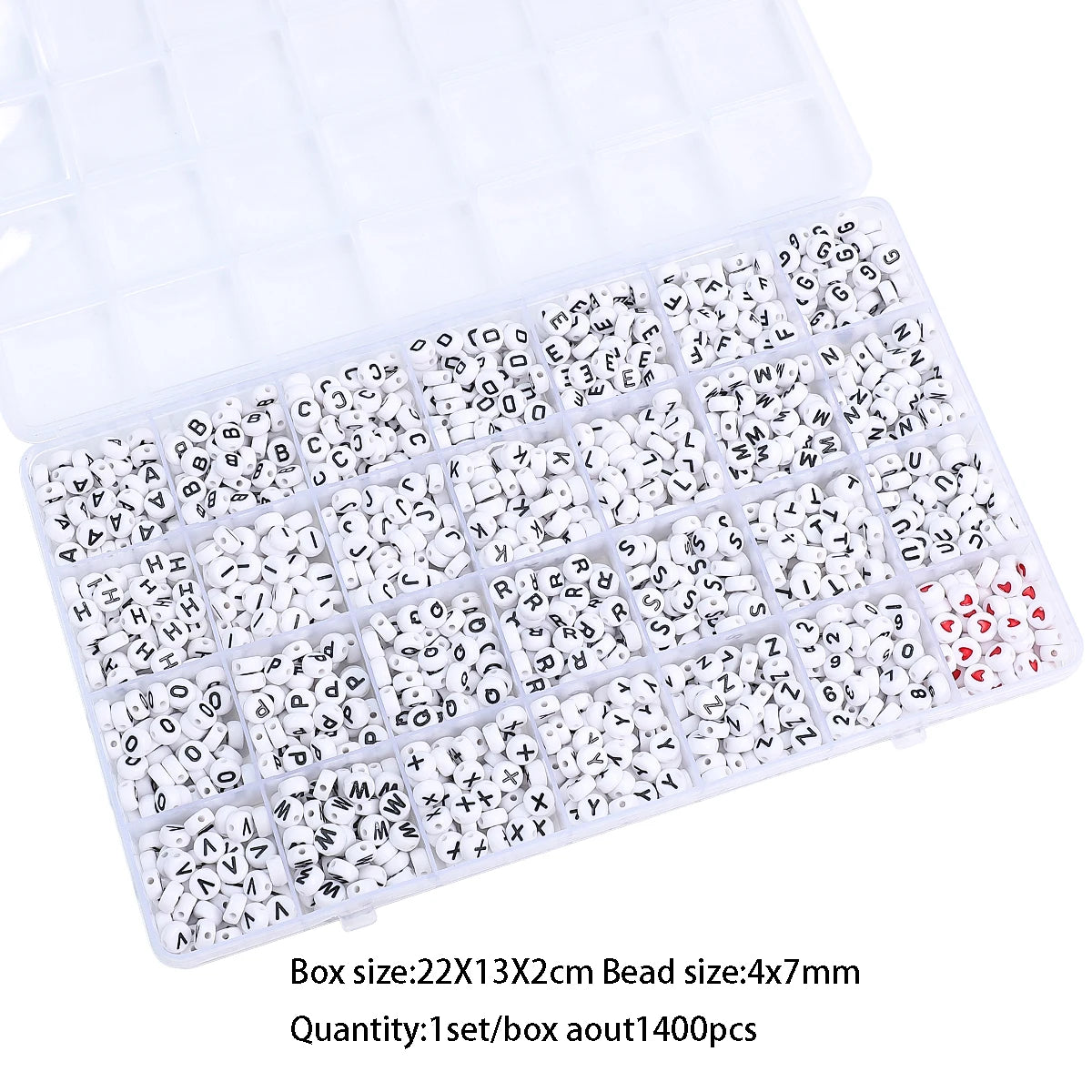 A set of acrylic letter beads with a grid storage box for jewelry making