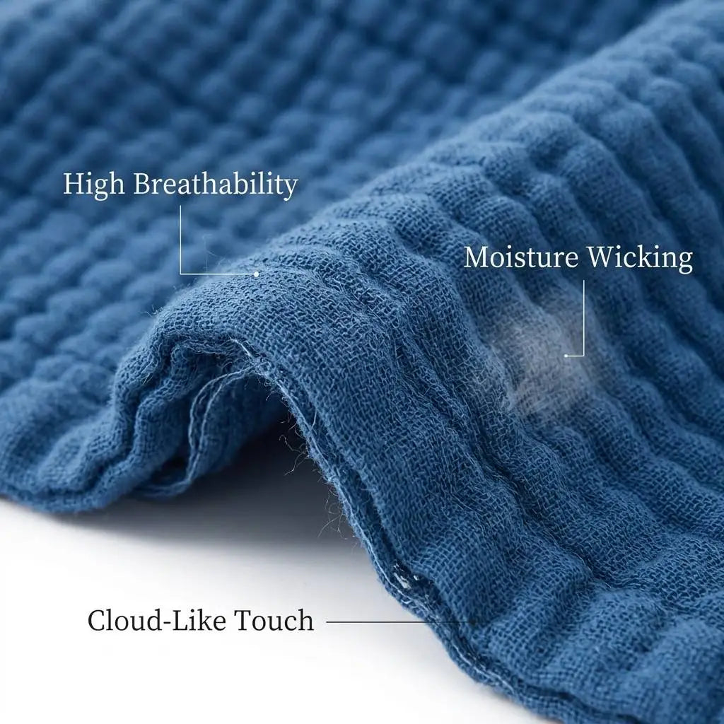 Close-up of a blue cotton muslin throw blanket showing features like high breathability, moisture wicking, and cloud-like tou