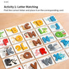 A wooden letter matching game featuring cards with uppercase and lowercase letters for early childhood education.