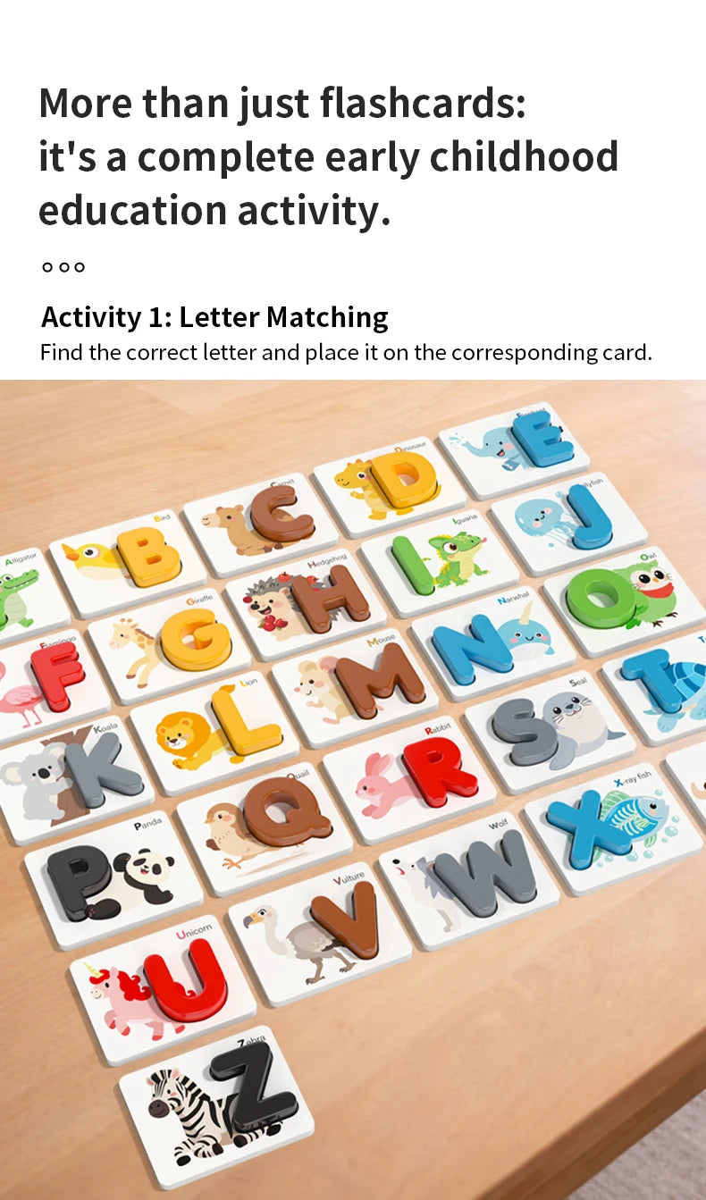 A wooden letter matching game featuring cards with uppercase and lowercase letters for early childhood education.