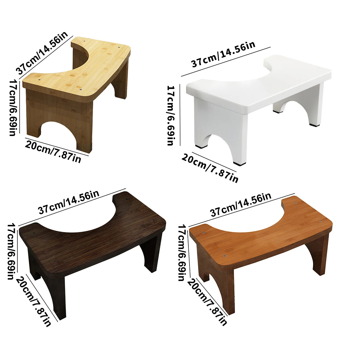 A set of four bamboo toilet squat stools in dark brown and natural wood finishes shown from the side.