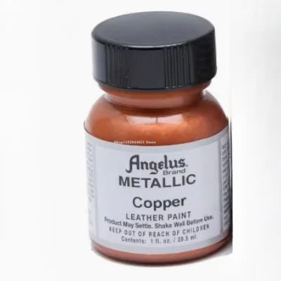 A glass bottle of Angelus Metallic Copper leather paint for shoes and bags.