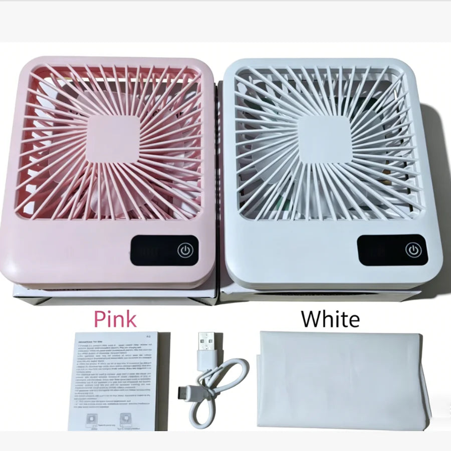 Pink and white portable USB desk fans shown with their respective cables.
