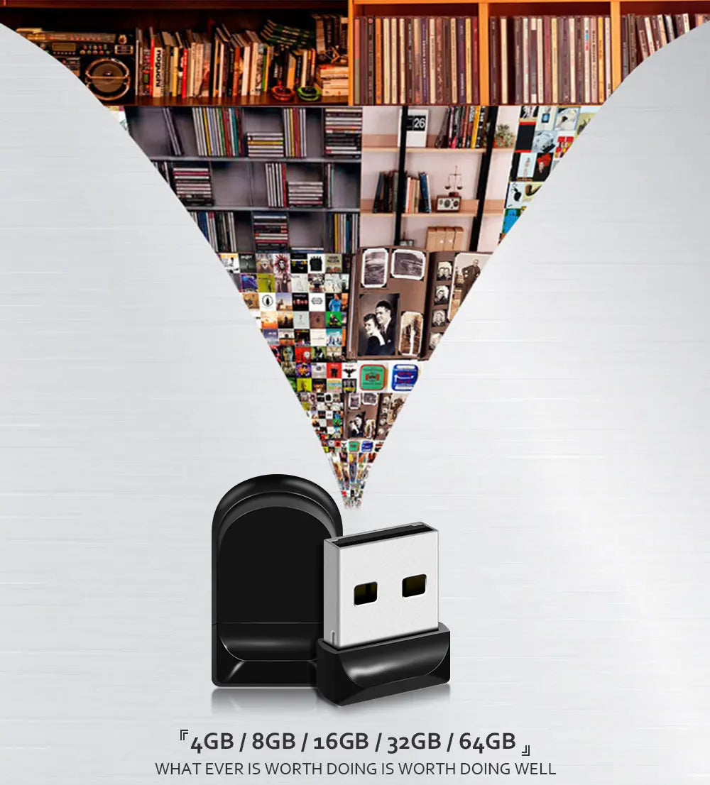 A compact black USB flash drive is shown at the tip of a pyramid formed by various media and books.