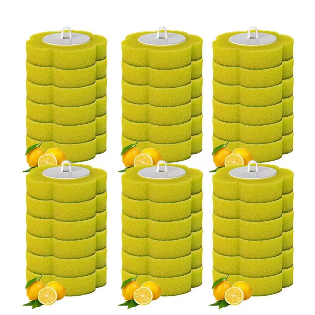 A set of yellow wall-mounted toilet brushes with disposable heads, arranged in a grid.