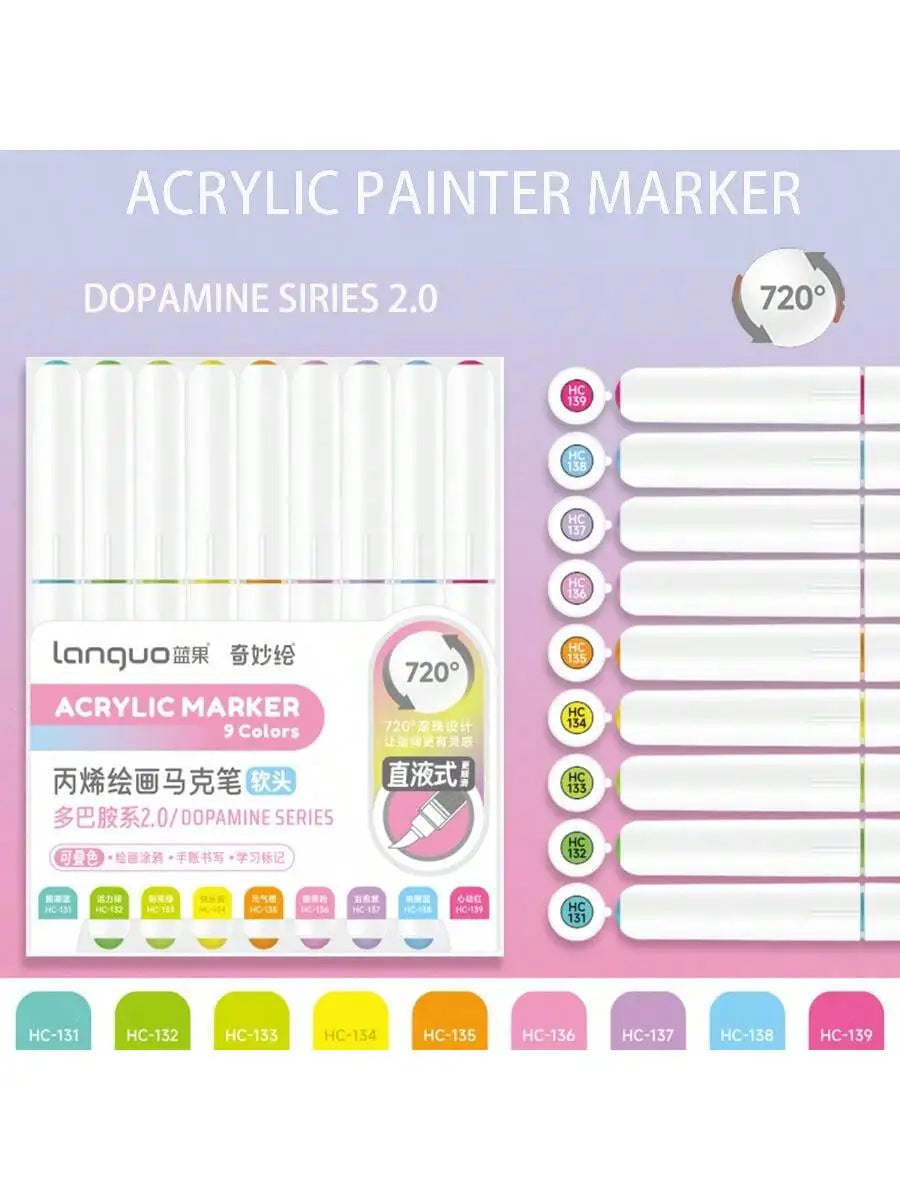 Acrylic paint marker set with 9 colors and fine tips, featuring various shades of white and pastel colors.