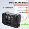 A black disc brake lock is shown with features like a four-digit password, aluminum alloy metal, and IP65 waterproof rating.