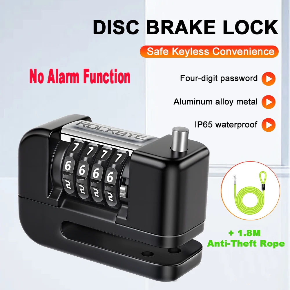 A black disc brake lock is shown with features like a four-digit password, aluminum alloy metal, and IP65 waterproof rating.