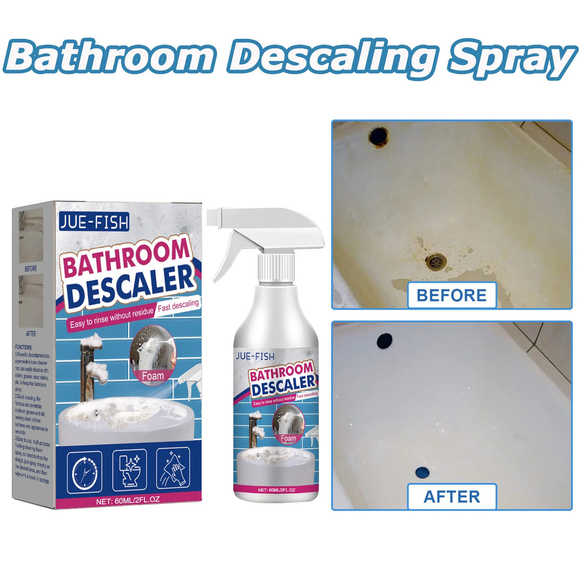 Jue-Fish Bathroom Descaler spray bottle and box showing before and after results on a bathtub