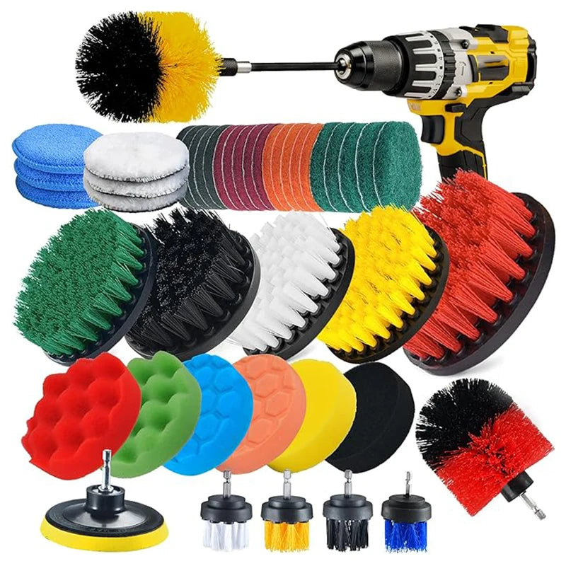 A collection of seven different colored and shaped brush attachments for a power drill, including various bristles and heads.