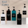 A set of three refillable soap dispenser bottles for body soap, conditioner, and shampoo are displayed on a white surface.