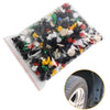 A clear plastic bag filled with an assortment of various colored plastic push-type fasteners and clips for automotive use.