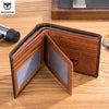 A brown genuine leather bifold wallet with RFID blocking features is shown open on a wooden surface.